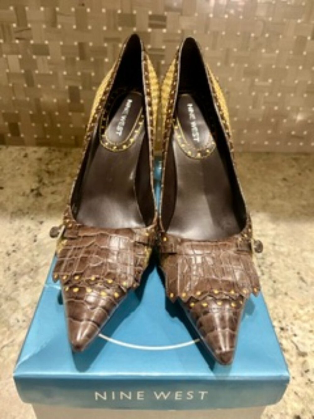 Nine West Pumps, Herringbone Fabric and Crocodile Faux Leather. Size 9M